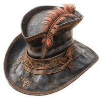 Intricately designed men's leather hat adorned with a feather, showcasing vintage craftsmanship. photo