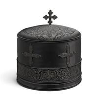Elegant black decorative box with intricate cross designs, perfect for storage or display in a religious or artistic setting. photo