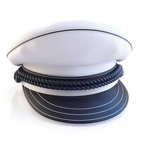 A classic pilot's cap featuring a crisp white top and dark navy band, symbolizing aviation and professionalism. photo