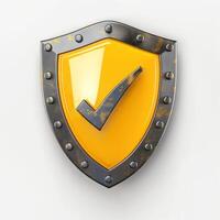 A glossy yellow shield with a checkmark against a clean white background, symbolizing security and approval. photo