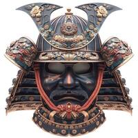 A striking samurai helmet showcasing intricate design elements and fierce expression, embodying the spirit of ancient Japanese warriors. photo