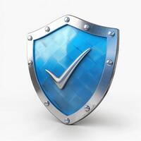 A glossy blue shield with a silver check mark, symbolizing security and trust. photo