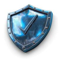 A metallic blue shield with a checkmark, symbolizing security and trust. photo