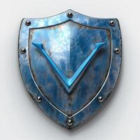 A metallic shield featuring a sleek blue emblem at its center, showcasing a mix of rustic and modern design elements. photo