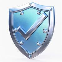 A shiny blue shield icon featuring a checkmark, symbolizing security and protection. photo