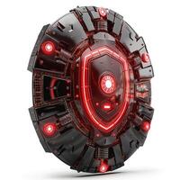 Futuristic black and red robotic shield with glowing accents, showcasing advanced technology and a sleek design. photo