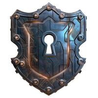 A metallic shield with a keyhole design, featuring intricate details and a futuristic aesthetic. photo