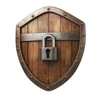 A rustic wooden shield with a metallic padlock, symbolizing security and protection. photo