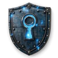 A futuristic blue glowing keyhole on a metallic shield with circuit patterns, symbolizing security and technology. photo