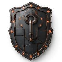A detailed medieval shield design featuring a central keyhole and ornate details, set against a minimalist background. photo