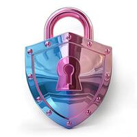 A vibrant, metallic padlock and shield icon, displaying shades of pink and blue, symbolizing security and protection. photo