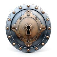 An ornate shield with a keyhole, featuring a mix of bronze and steel elements, evoking a sense of mystery and protection. photo