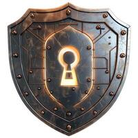 A metallic shield design featuring an illuminated keyhole, symbolizing protection and security. photo