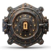 Intricate bronze steampunk safe with a circular design and a large keyhole, evoking mystery and adventure. photo