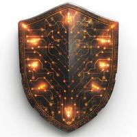 A futuristic shield design featuring glowing circuits and technology elements, symbolizing protection and digital security. photo