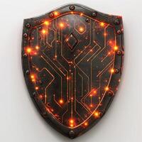 A shield designed with a futuristic circuit pattern and glowing orange lights, symbolizing protection and technology. photo