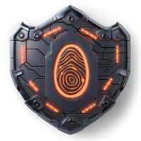 Futuristic security shield featuring a glowing fingerprint design, symbolizing advanced technology and protection. photo