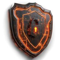 A digital shield with a padlock, symbolizing cybersecurity and protection of data in a futuristic design. photo