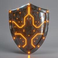 Futuristic metallic shield design with glowing circuit patterns, symbolizing protection and technology. photo