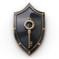 A striking black shield with a golden key emblem, symbolizing security and access. photo