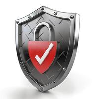 A modern, metallic security shield featuring a red padlock symbol with a check mark, representing safety and protection. photo