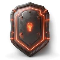 A sleek, dark metallic shield with glowing orange accents and a keyhole at the center, symbolizing security and protection. photo