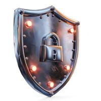 A metallic shield featuring a padlock, symbolizing security and protection. photo
