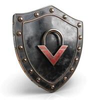 A metallic shield with a bold lock symbol, representing security and protection. photo