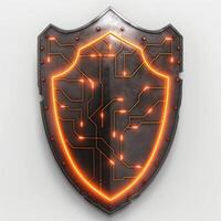 A metallic shield illuminated with glowing circuit patterns, symbolizing technology and protection. photo
