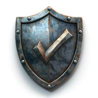 A metallic shield with a prominent checkmark, representing security and validation. photo