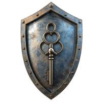 A metallic shield featuring an ornate key design, evoking themes of protection and mystery. photo