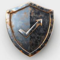 A metallic shield emblem with a textured surface, featuring a check mark symbolizing security and approval. photo