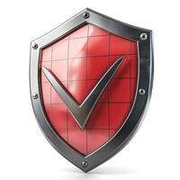 A 3D rendering of a shiny red shield with a checkmark, symbolizing security and trust. photo
