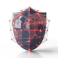 A digital shield representing cybersecurity with a global map, glowing nodes, and a network of connections. photo