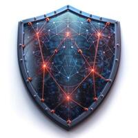 A futuristic shield design, featuring a network of glowing nodes and interconnected lines, symbolizing protection and technology. photo