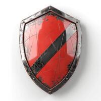 A weathered medieval shield featuring a bold red background with a striking diagonal black stripe. photo