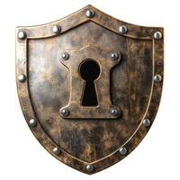 A detailed metallic shield with an ornate design and keyhole, symbolizing protection and strength. photo