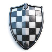 A striking black and white checkered shield prominently displayed, showcasing a blend of square tiles and a glossy finish. photo