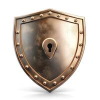 A metallic bronze shield with a keyhole center, symbolizing protection and security. photo