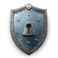 A metallic shield featuring a keyhole design, symbolizing protection and security with an antique finish. photo