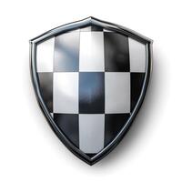 A glossy black and white checkered shield in a modern design, symbolizing protection and strength. photo