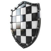 A glossy black and white checkered shield with metallic detailing, symbolizing protection and security. photo