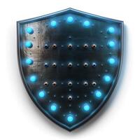 A sleek, futuristic shield design with glowing blue lights and metallic accents, symbolizing protection and security. photo