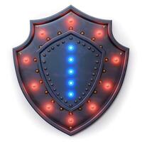 Stylized shield design with illuminated blue and red lights, symbolizing protection and security. photo