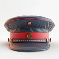 A vintage-style blue cap with a red band and emblem, showcasing a classic police uniform design. photo