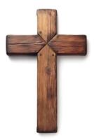 A rustic wooden cross with intricate grain patterns and a warm, rich tone, symbolizing faith and spirituality. photo
