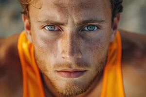 A handsome young Caucasian male with striking blue eyes and freckles, wearing an orange tank top, gazes intensely into the camera. photo