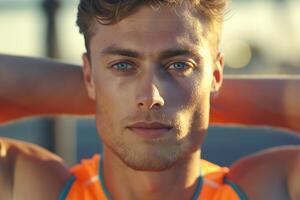 Close-up portrait of a young Caucasian male with striking blue eyes, showcasing a confident expression against a soft background. photo