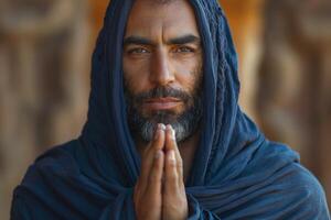 A Middle-Eastern man with a beard, dressed in a dark shawl, gazes intently while his hands are in a prayer position. photo