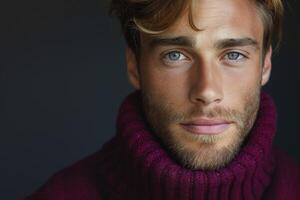 Close-up shot of a handsome Caucasian man with striking blue eyes wearing a turtleneck sweater. photo